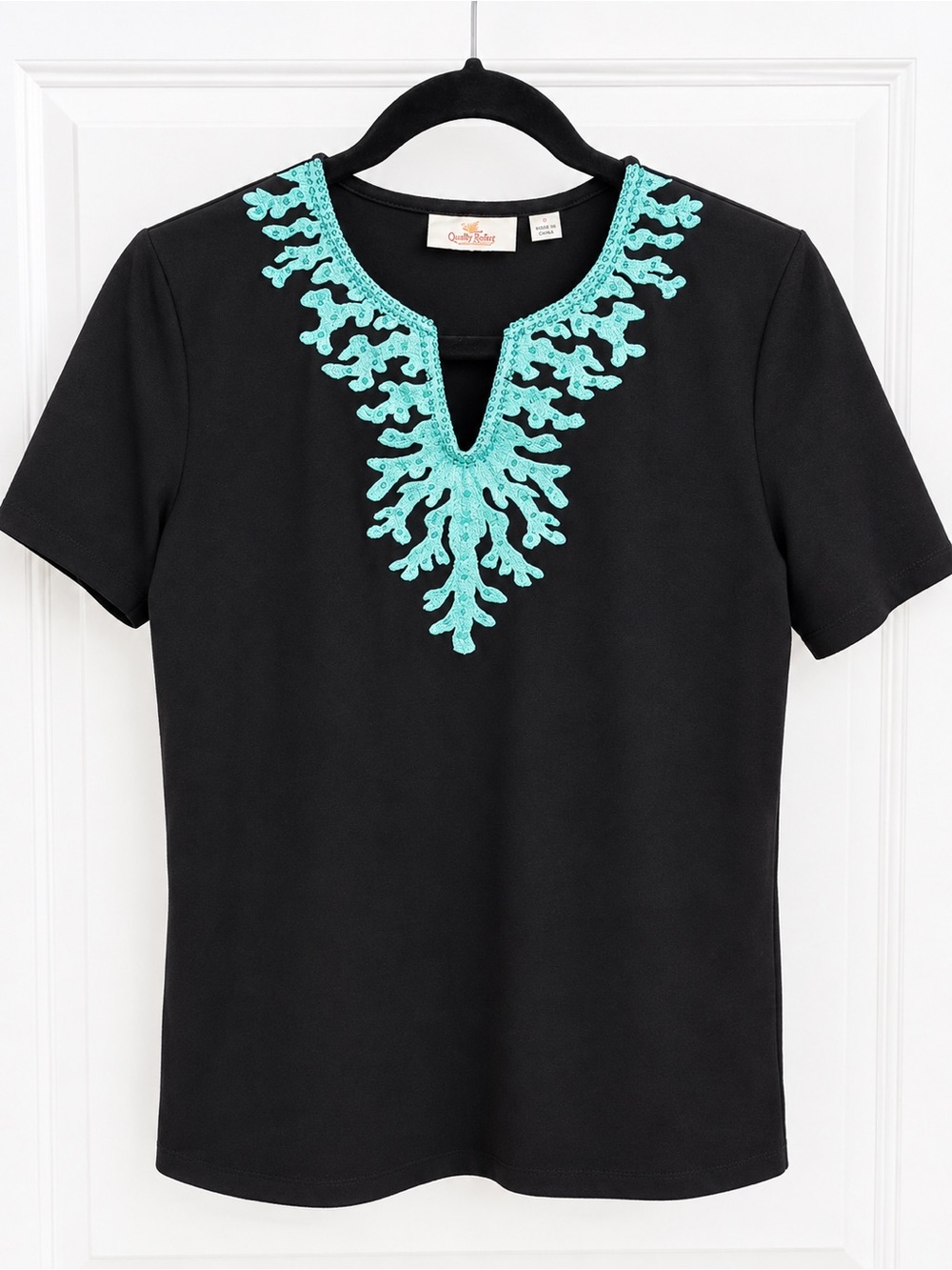 Quacker Factory Black Short-Sleeve Top with Turquoise Embroidered V-Neck
